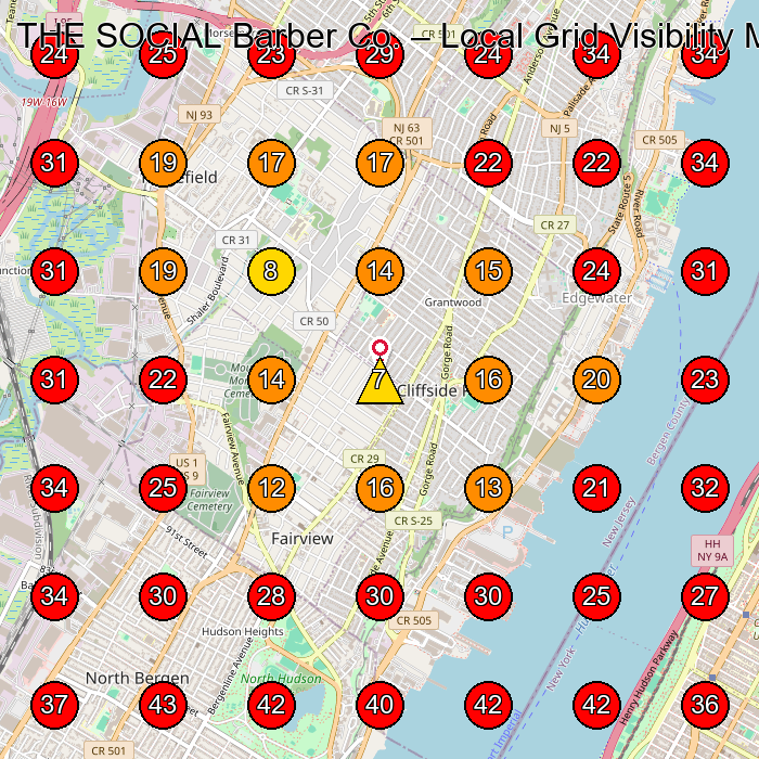 THE SOCIAL Barber Co. GeoGrid visibility map for Barber Shop in Edgewater